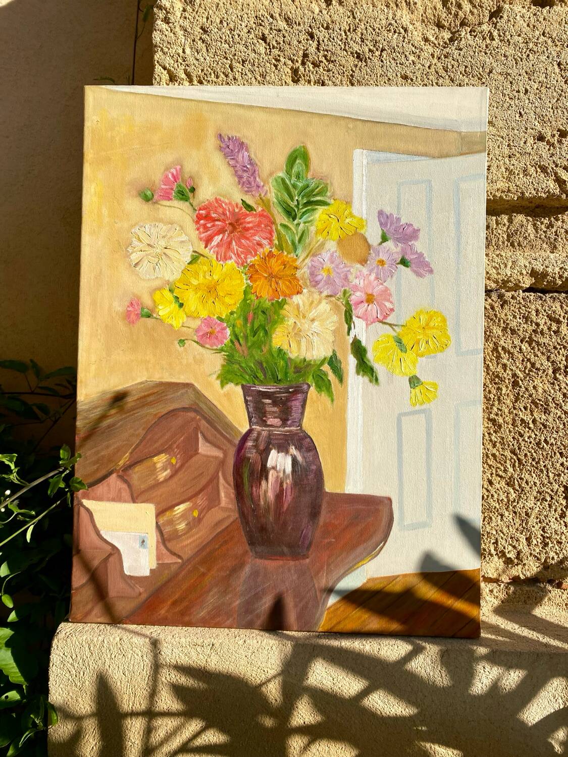 Oil on canvas with bouquet