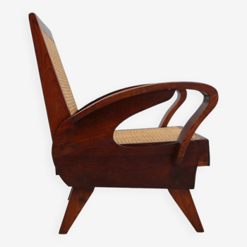 Fauteuil vintage en bois de teck et paille de Vienne 1950