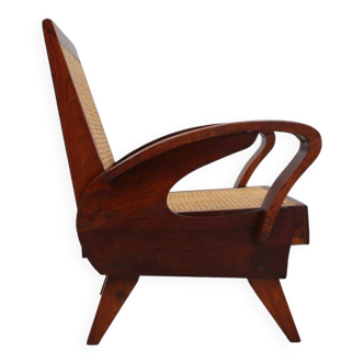 Fauteuil vintage en bois de teck et paille de Vienne 1950