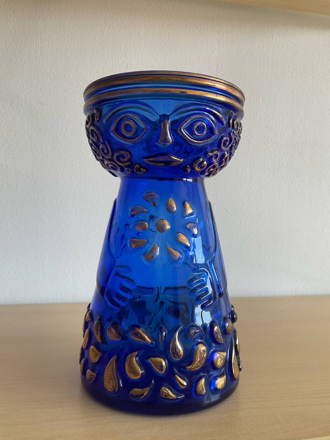 Anthropomorphic Hyacinth vase in cobalt blue and gold glass