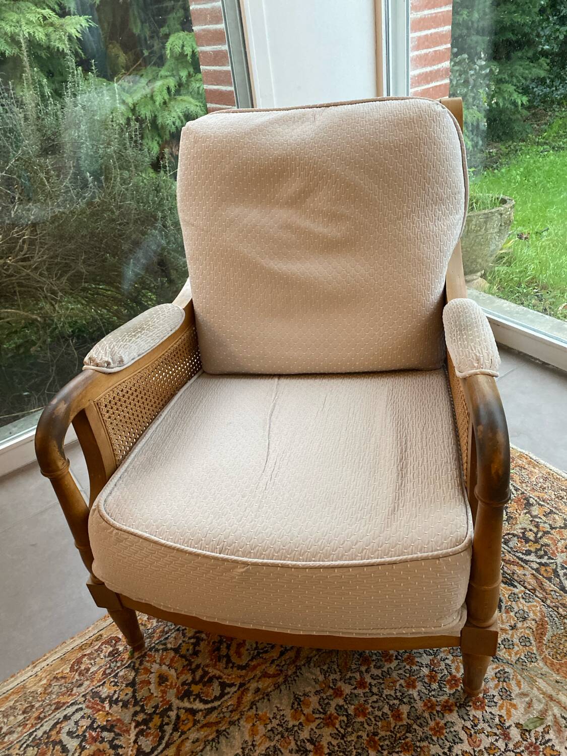 Sofa and armchair in cane and wood by Jean Roche