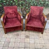 Pair of Art Deco club armchairs in burgundy red velvet, 1930s