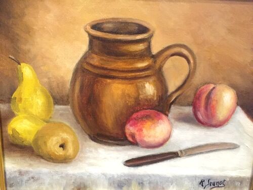 Very beautiful still life representing peaches, pears, knife and pitcher by Roland Jeunot