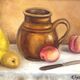Very beautiful still life representing peaches, pears, knife and pitcher by Roland Jeunot