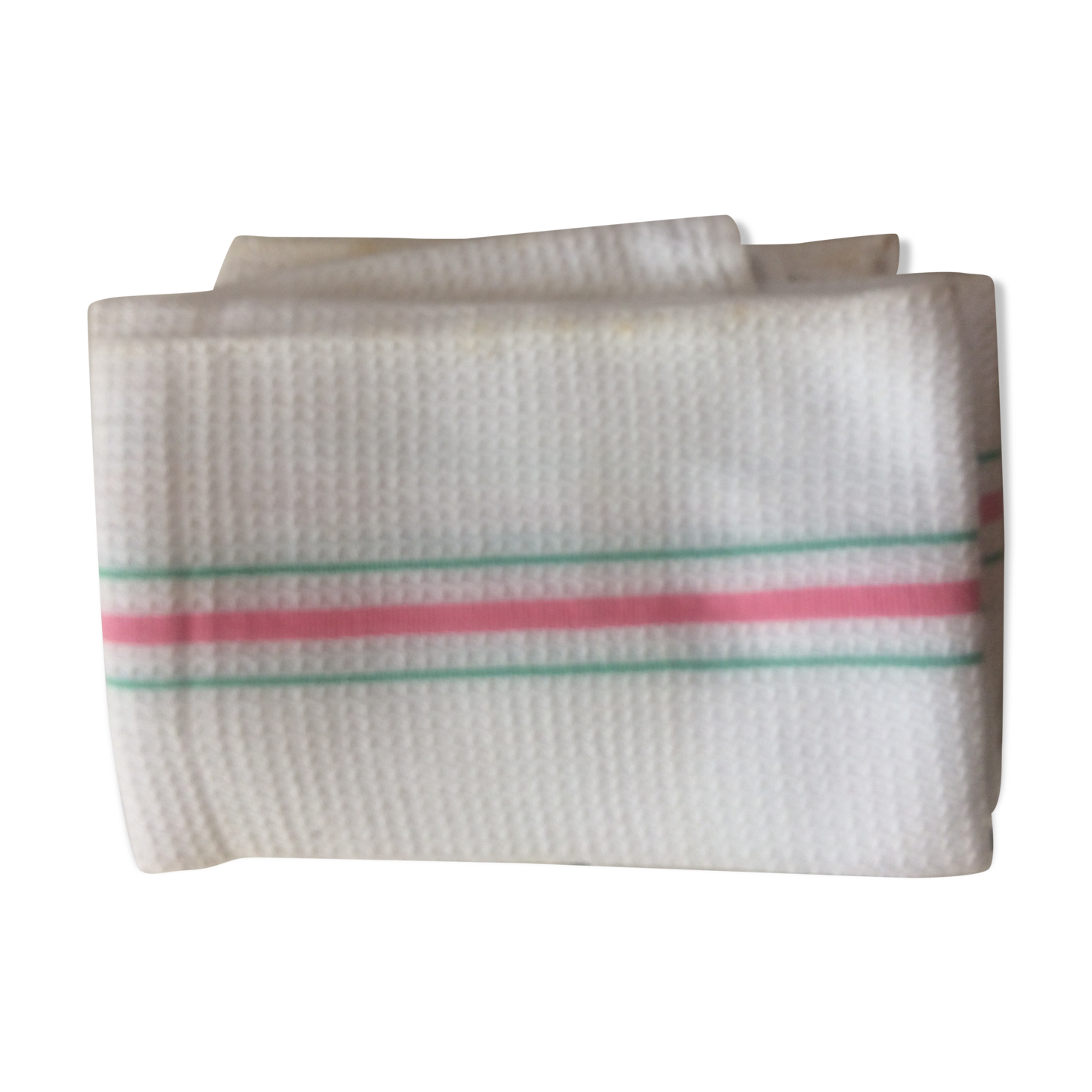 Set de 4 torchons nid d' abeille blanc avec fines rayures rose et verte