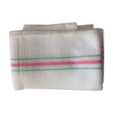 Three tea towels honeycomb. White with fine pink and green stripes.