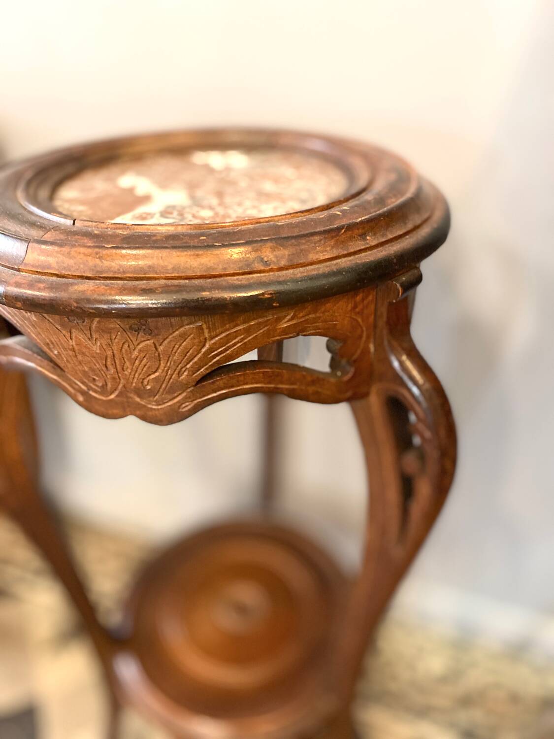 Art Nouveau wooden and marble stool