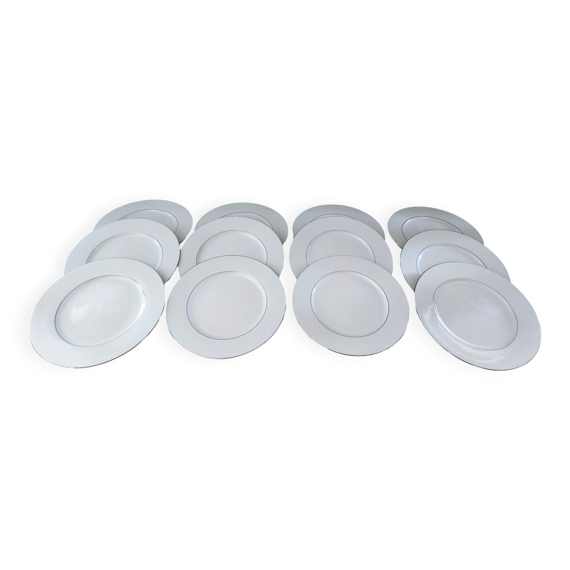 Set of 12 white porcelain dinner plates with double silver rim