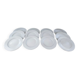 Set of 12 white porcelain dinner plates with double silver rim