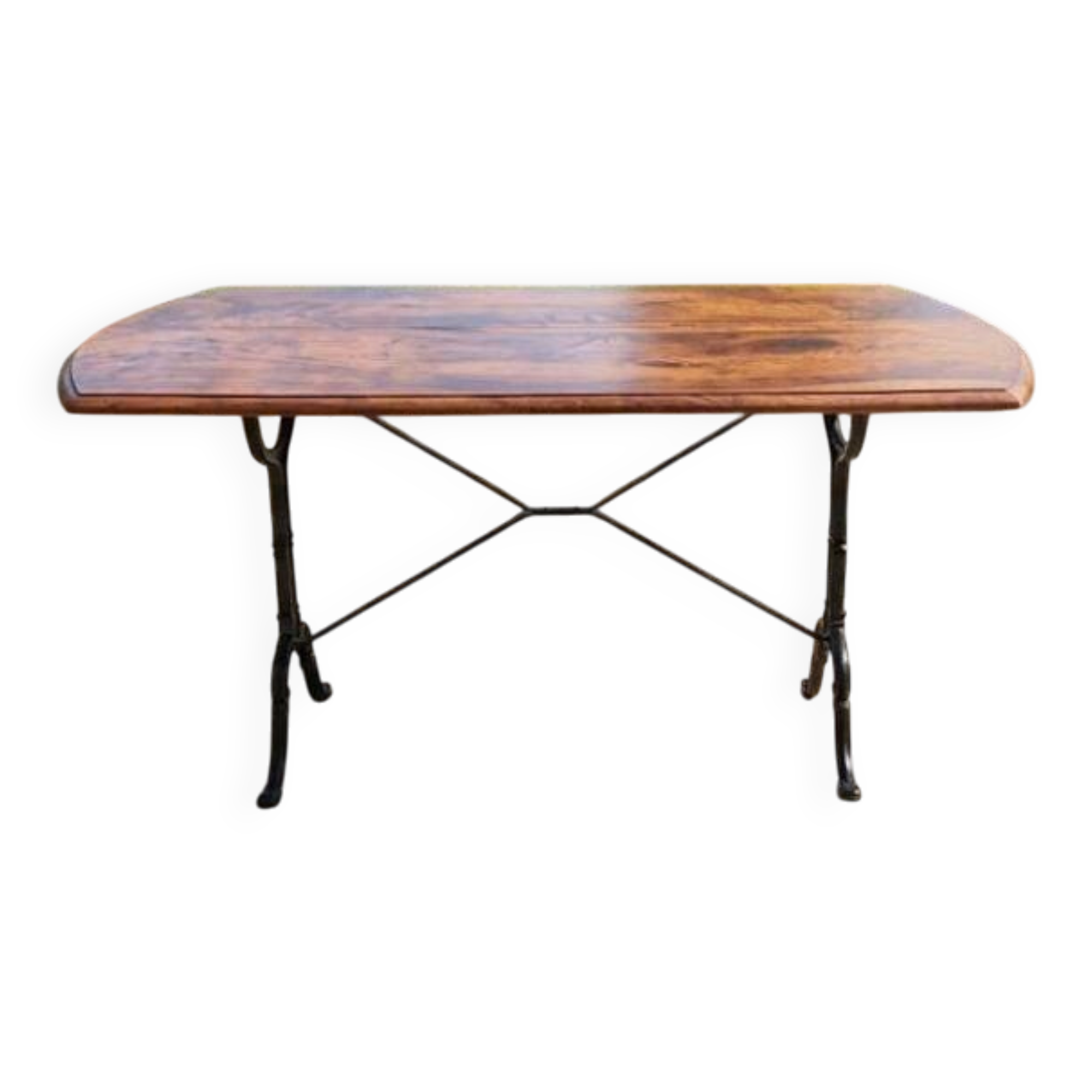 Antique bistro table — Cast iron & veined solid elm — Circa 1900