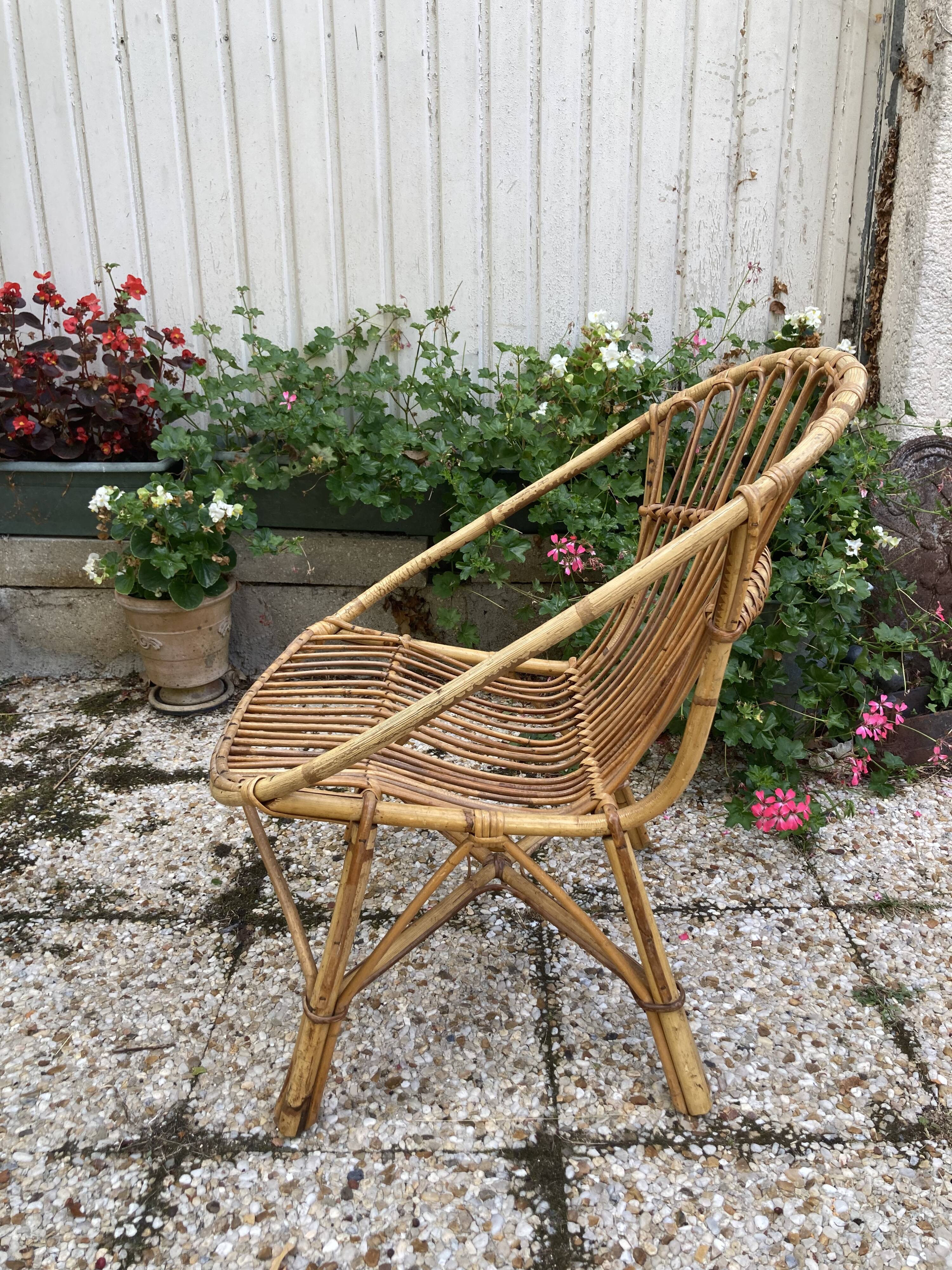Set of 3 vintage rattan armchairs