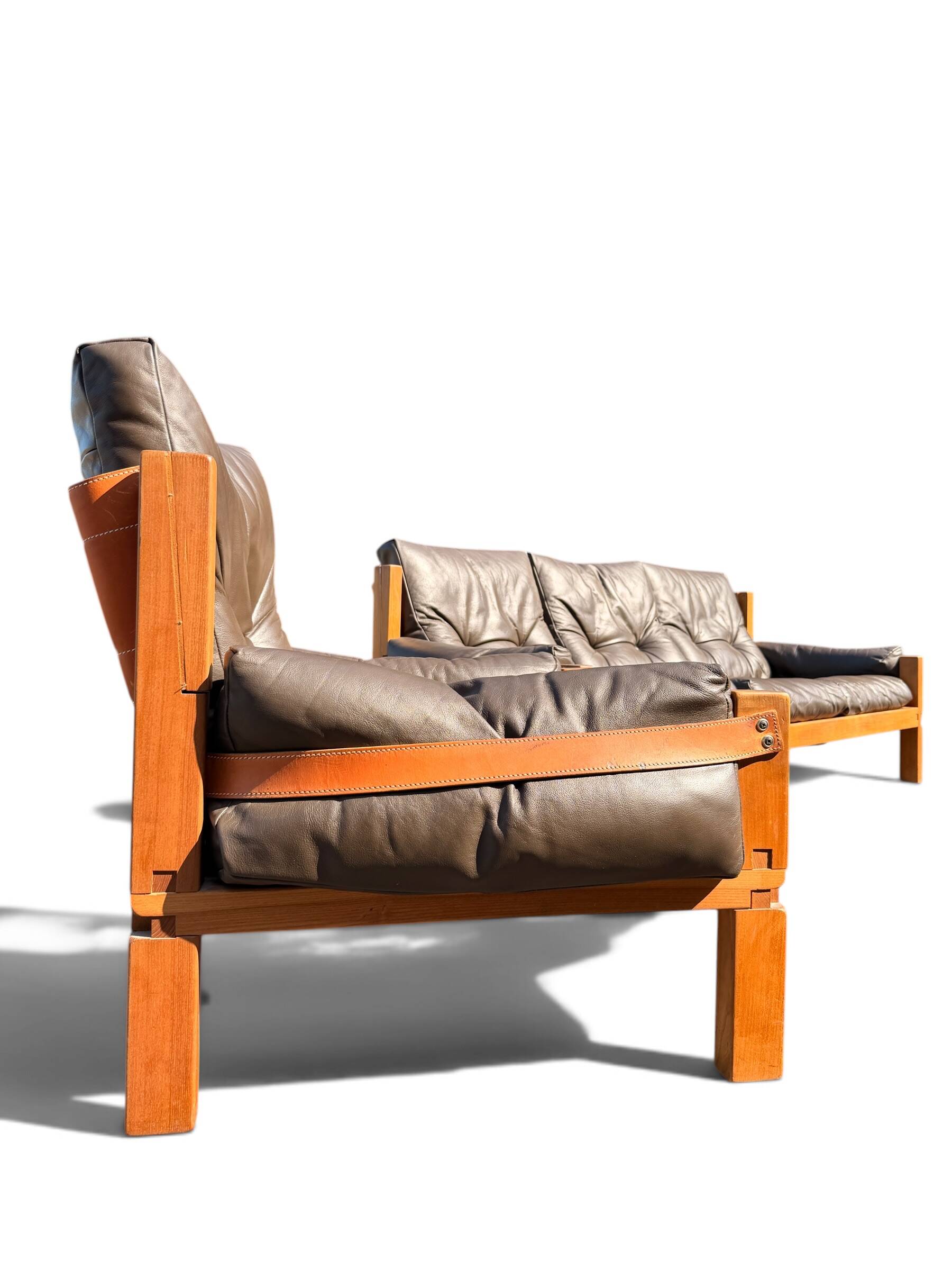 Ensemble Salon Pierre Chapo - Canapé S32 & Fauteuil S15 - Orme & Cuir Brun