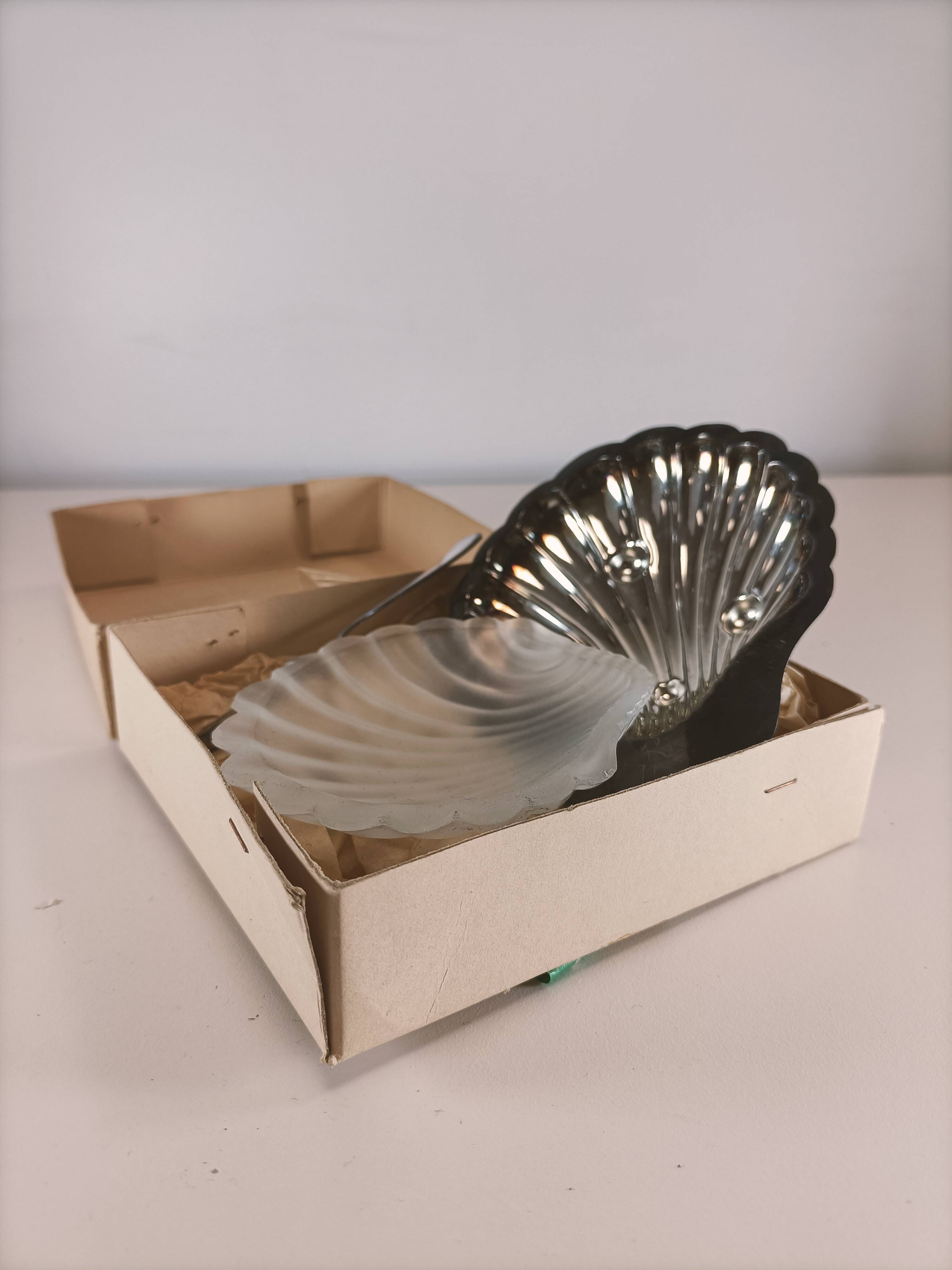 Complete Shell Butter Dish - Metal & Glass - Original Box - 1970s