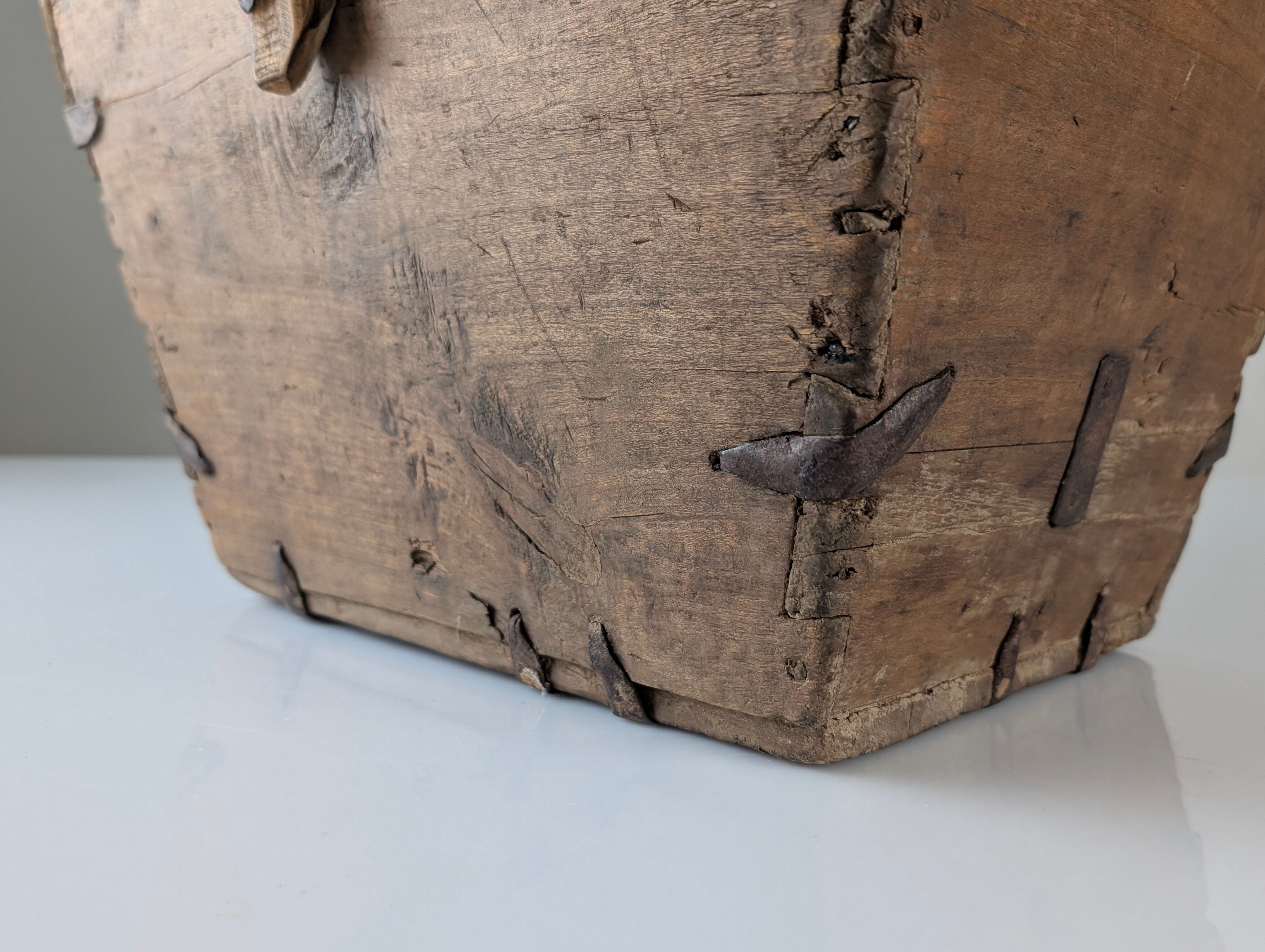 Antique wooden log basket with wrought iron fittings, Wabi-Sabi, 19th century