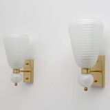 Pair of Mid-century Modern Brass and "Pulegoso" Murano Glass Sconces
