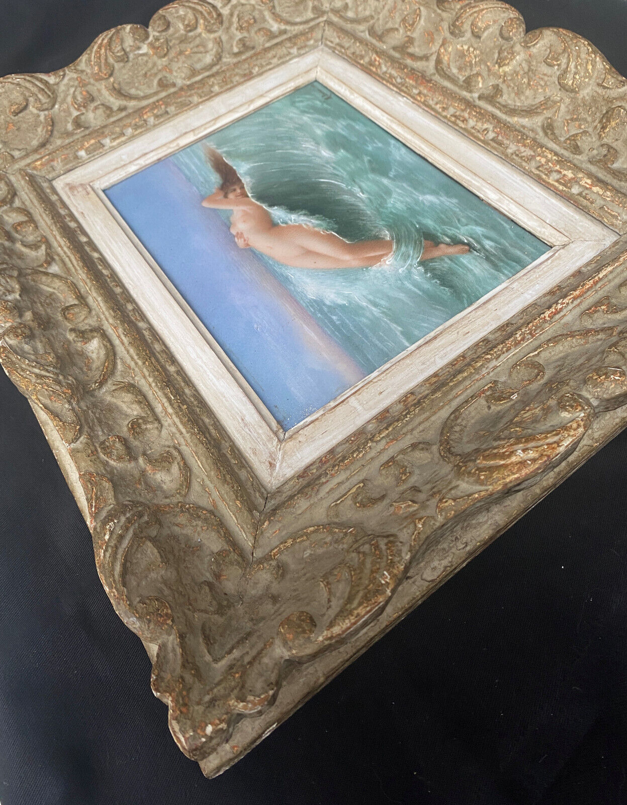 Painting HSCéramique "Nue sur la vague" signed M. Damon 1918 + frame