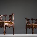 19th century Italian Renaissance style carved walnut corner chairs, set of 2