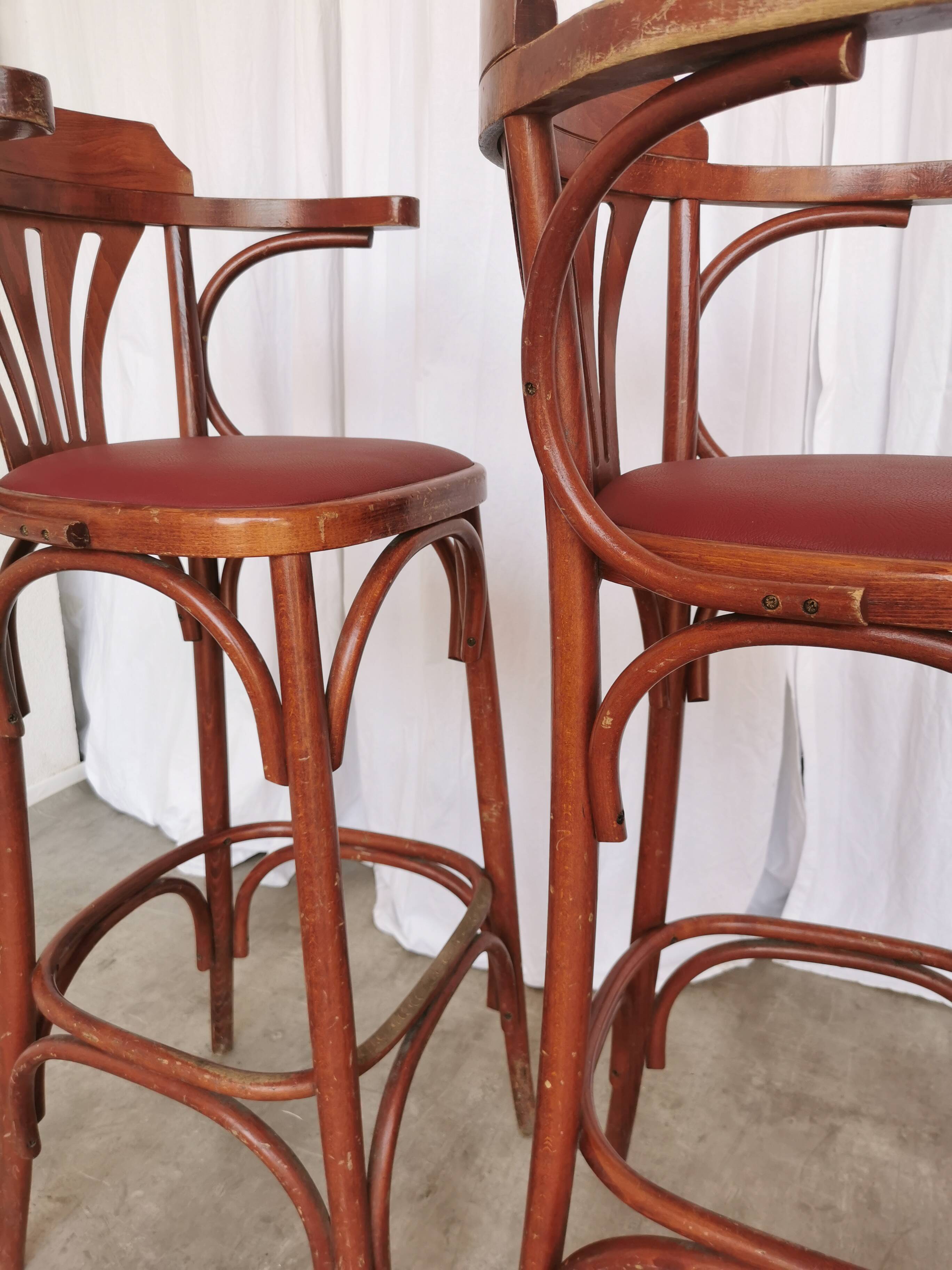 Set of 2 Vintage Bar Chairs: Red Leather Seat, High Pub Stools