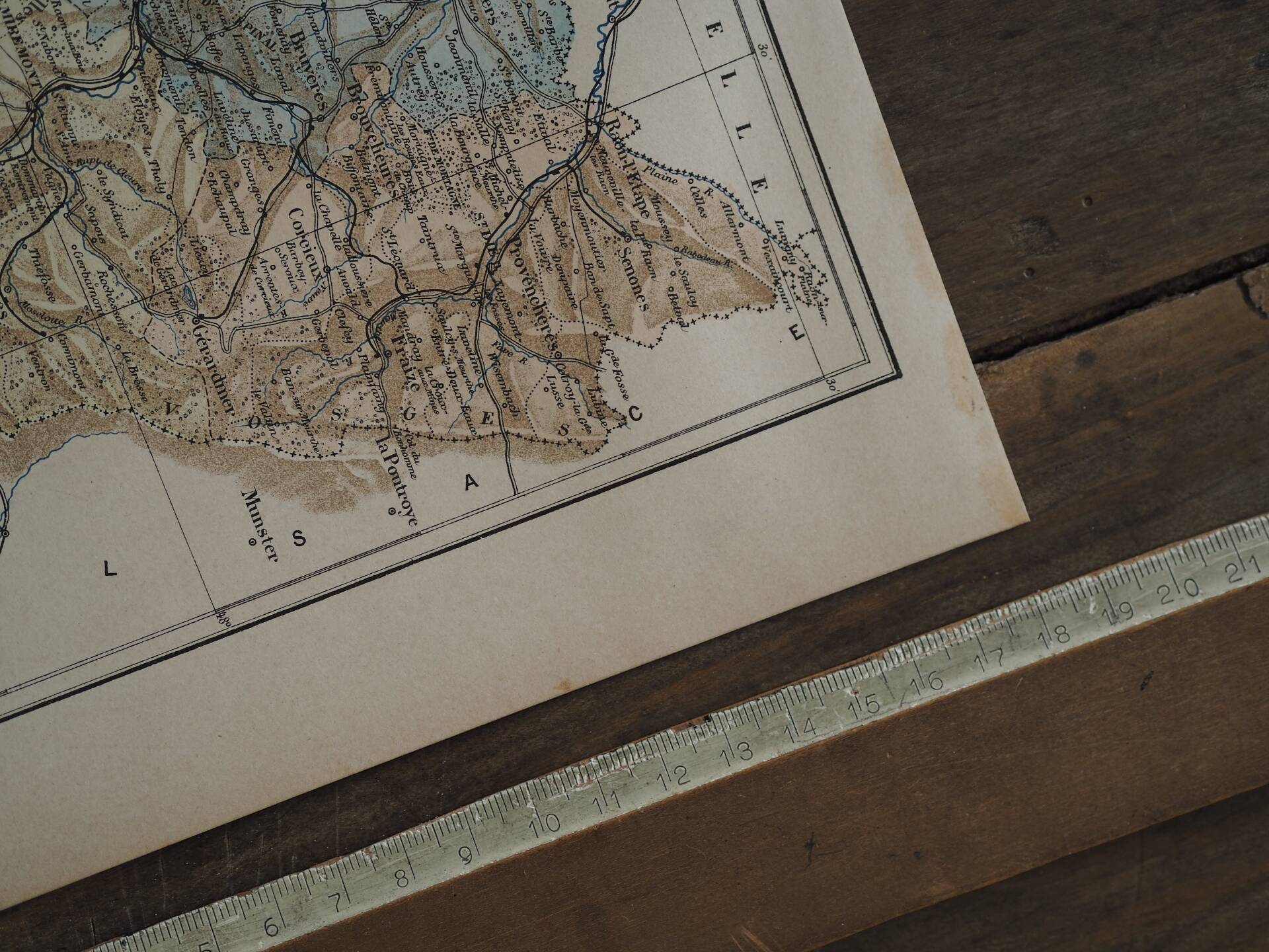 Map of the Vosges, France. Printed antiquity in 1889.