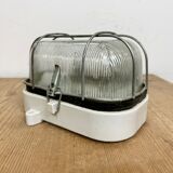 Industrial white porcelain cage wall light with ribbed glass, 1970s