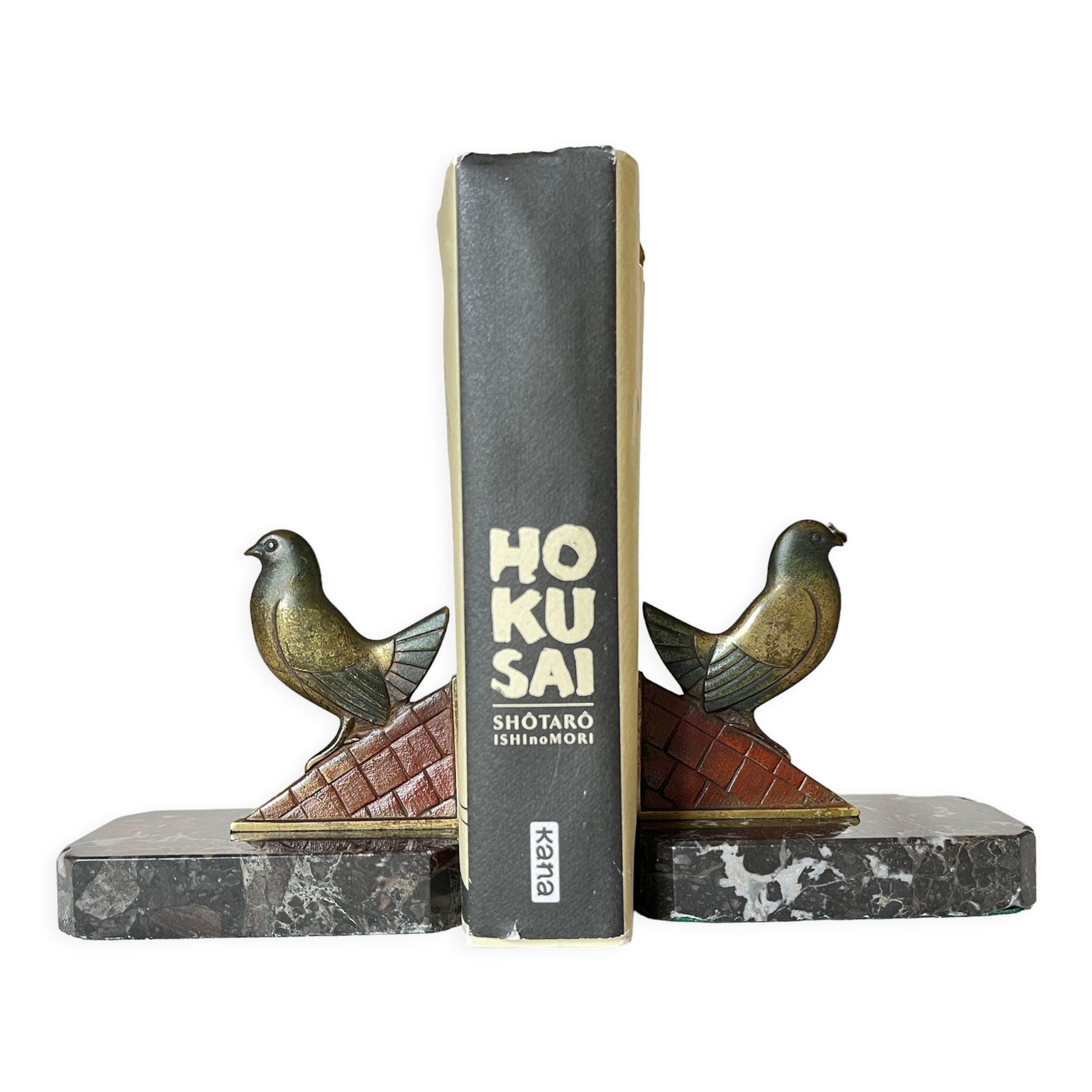 Pair of art deco bronze bookends pigeons dove marble