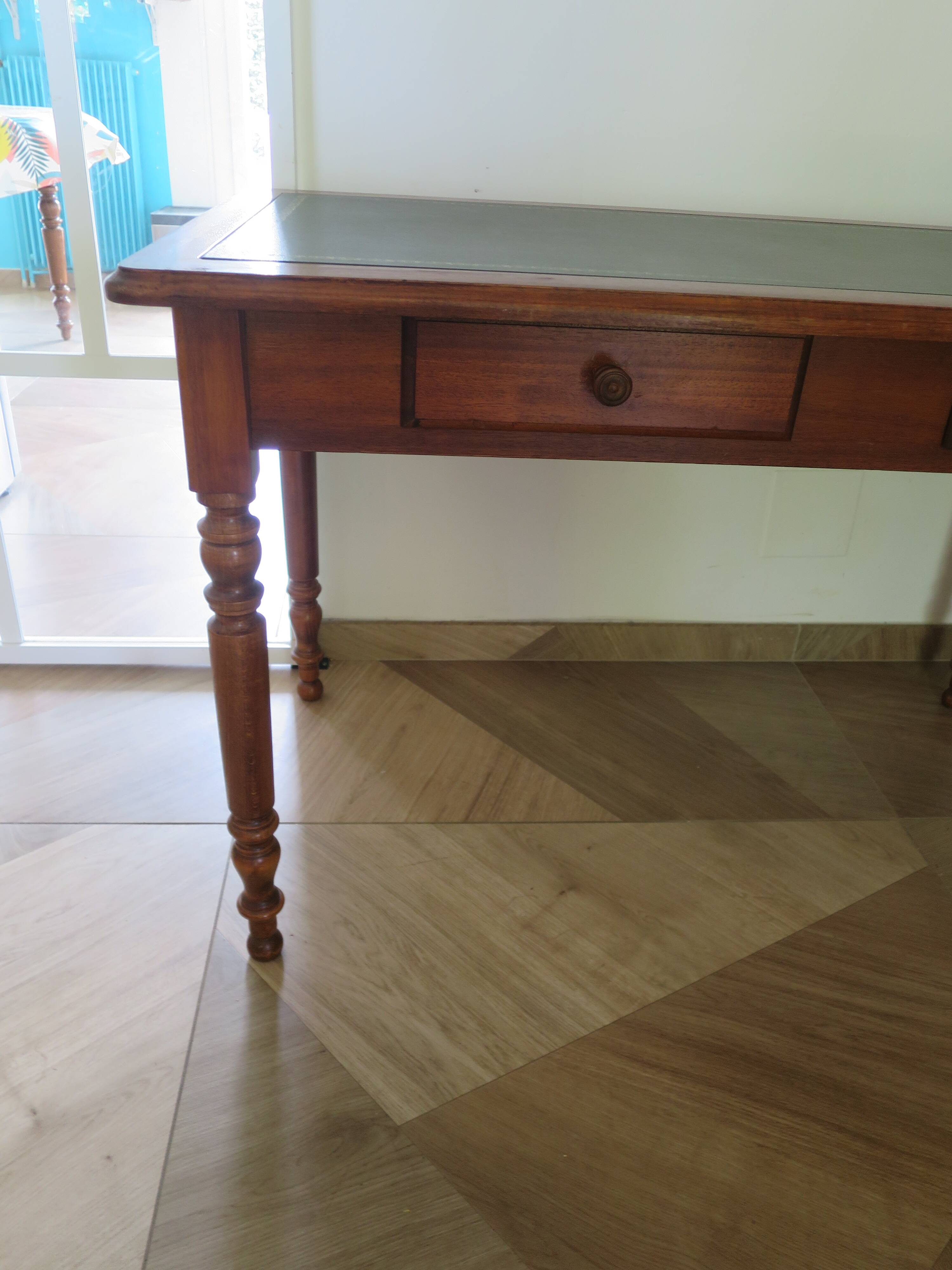 Minister's desk in Louis Philippe style – 2 drawers – cherry wood – green writing pad