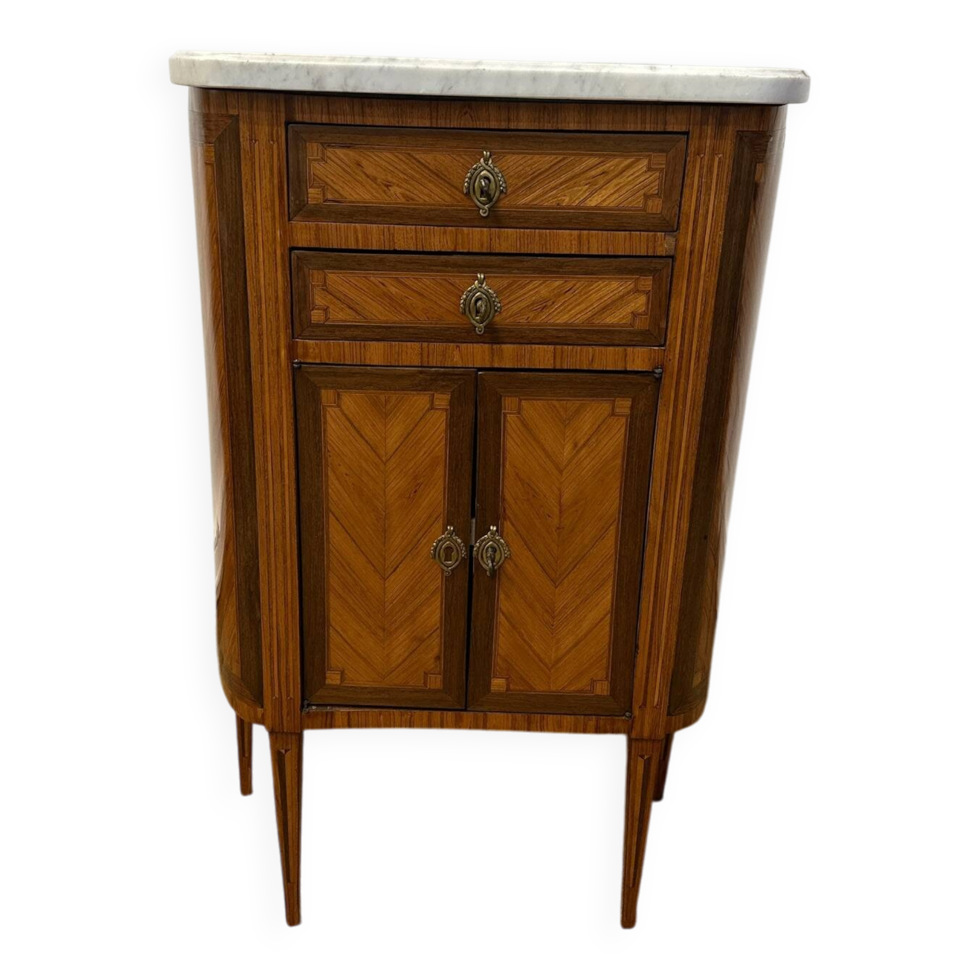 Small half-moon chest of drawers in Louis XVI style – marquetry and marble top