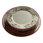 Rares, 6 assiettes et 2 grands plats Sarreguemines décor cerises