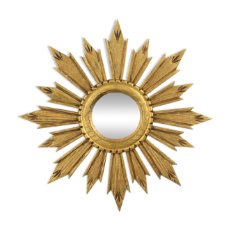 Vintage Wooden Sunburst Sun Mirror Convex France 51cm