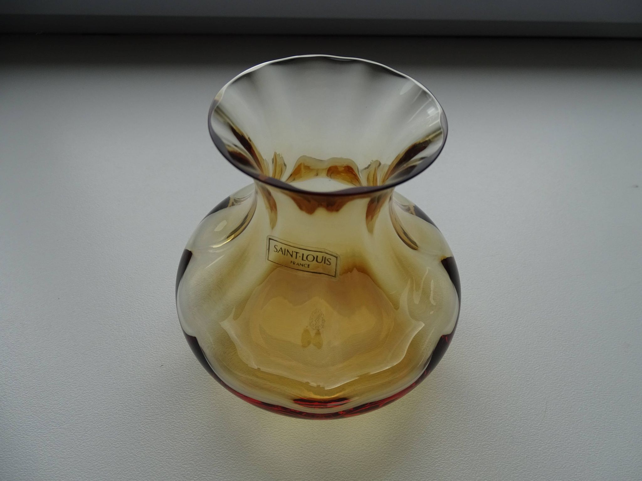 Crystal vase Saint Louis venetian amber orange ribs signed