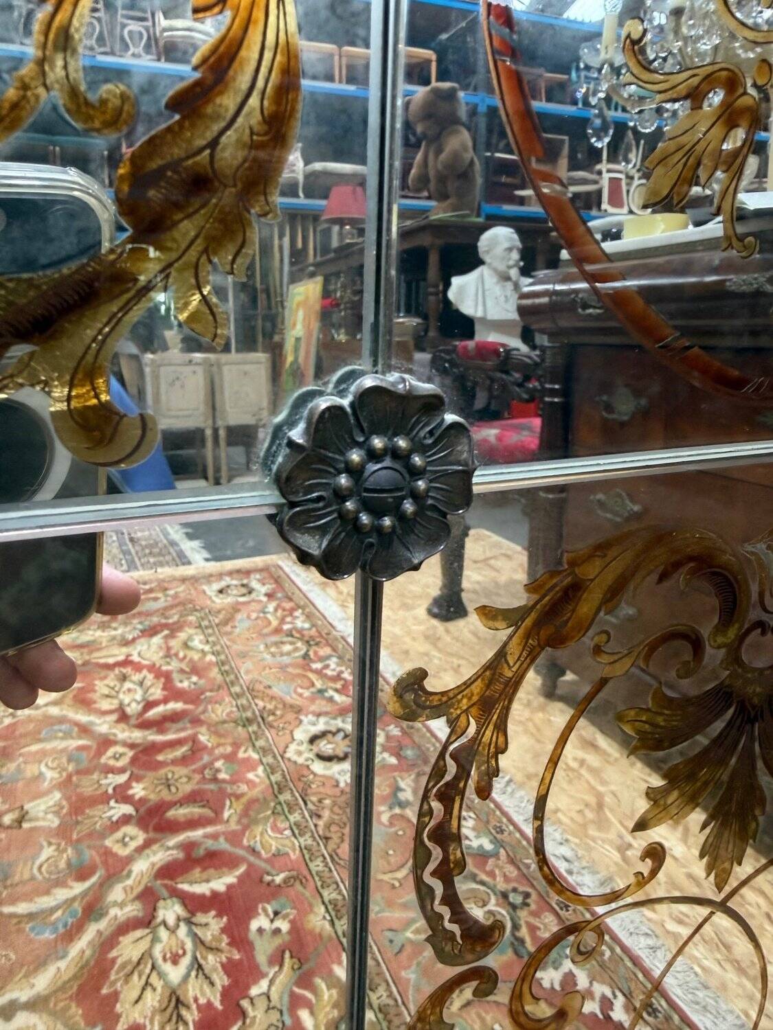 Miroir de brasserie Art Nouveau – Verre églomisé – Bois laqué – Bronze