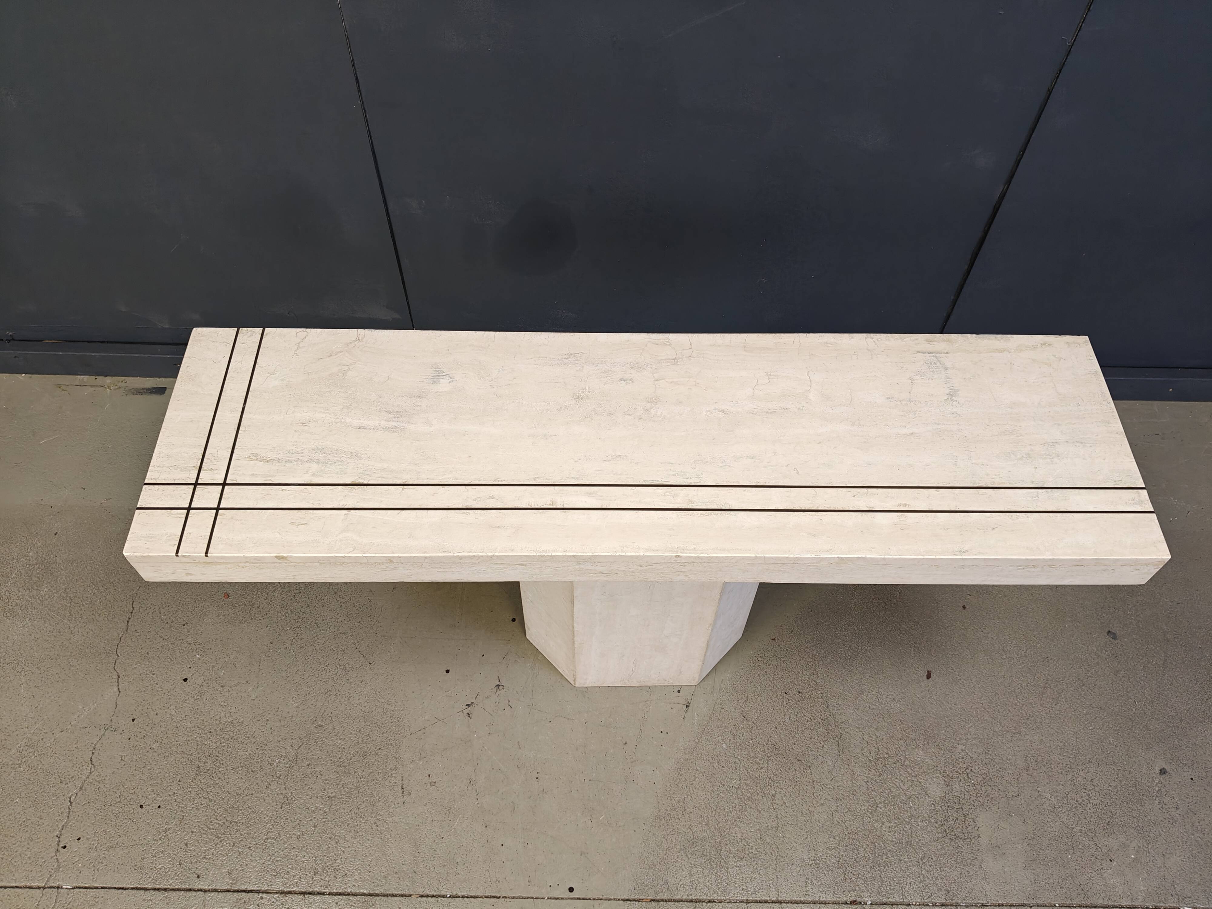 Vintage travertine and brass console table by Roche Bobois, 1970s