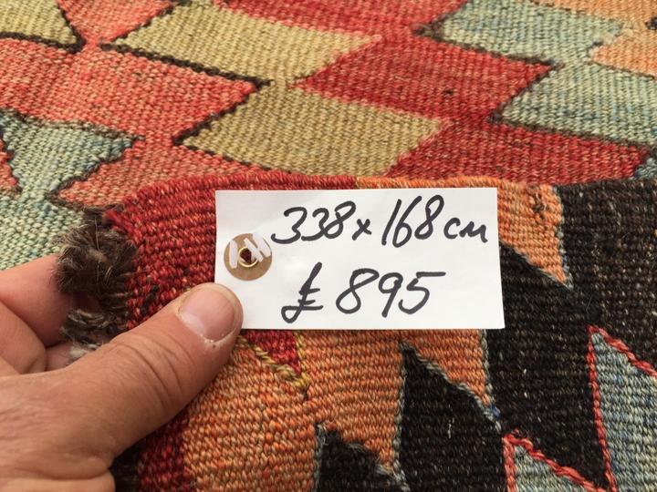 Vintage Turkish Kilim Kelim Rug 338x168 cm shabby chic wool, country home, boho