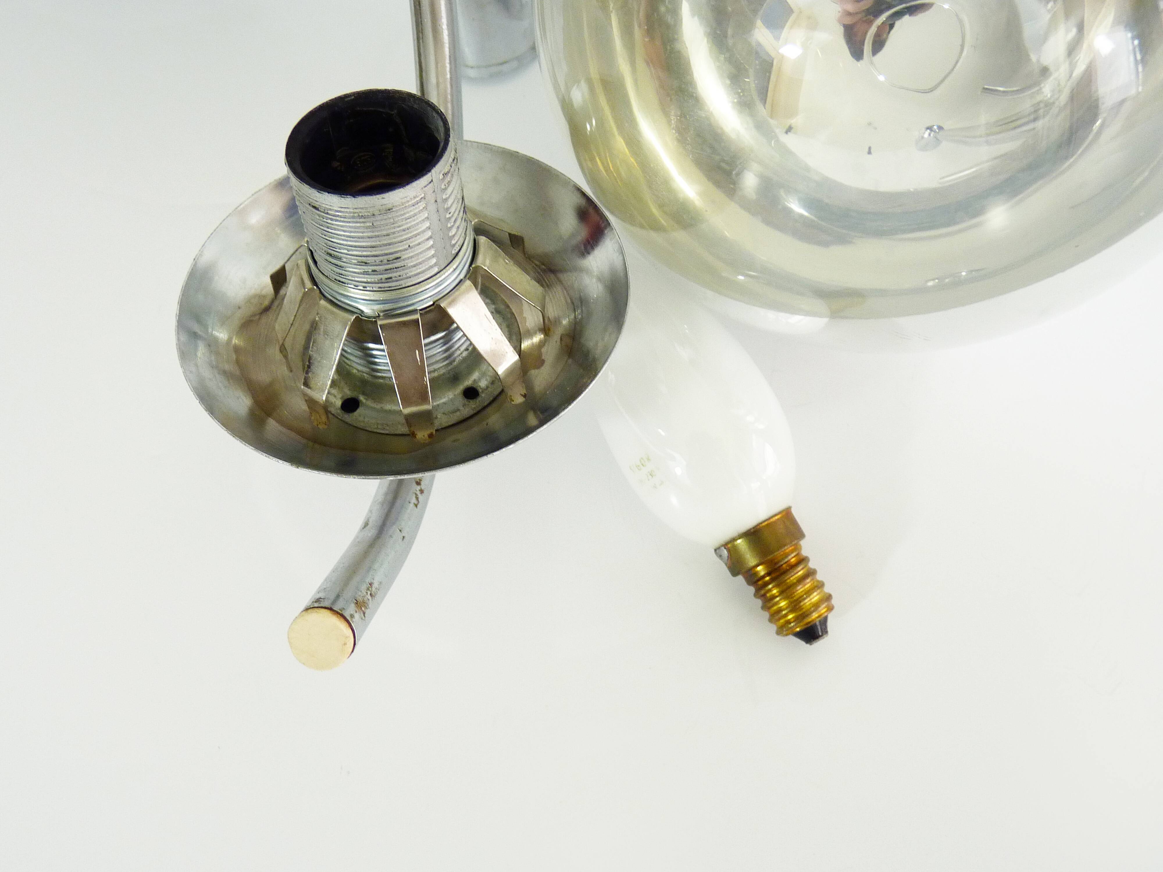 Old 3-branched chandelier in chrome metal and mirrored chrome globe, year 70