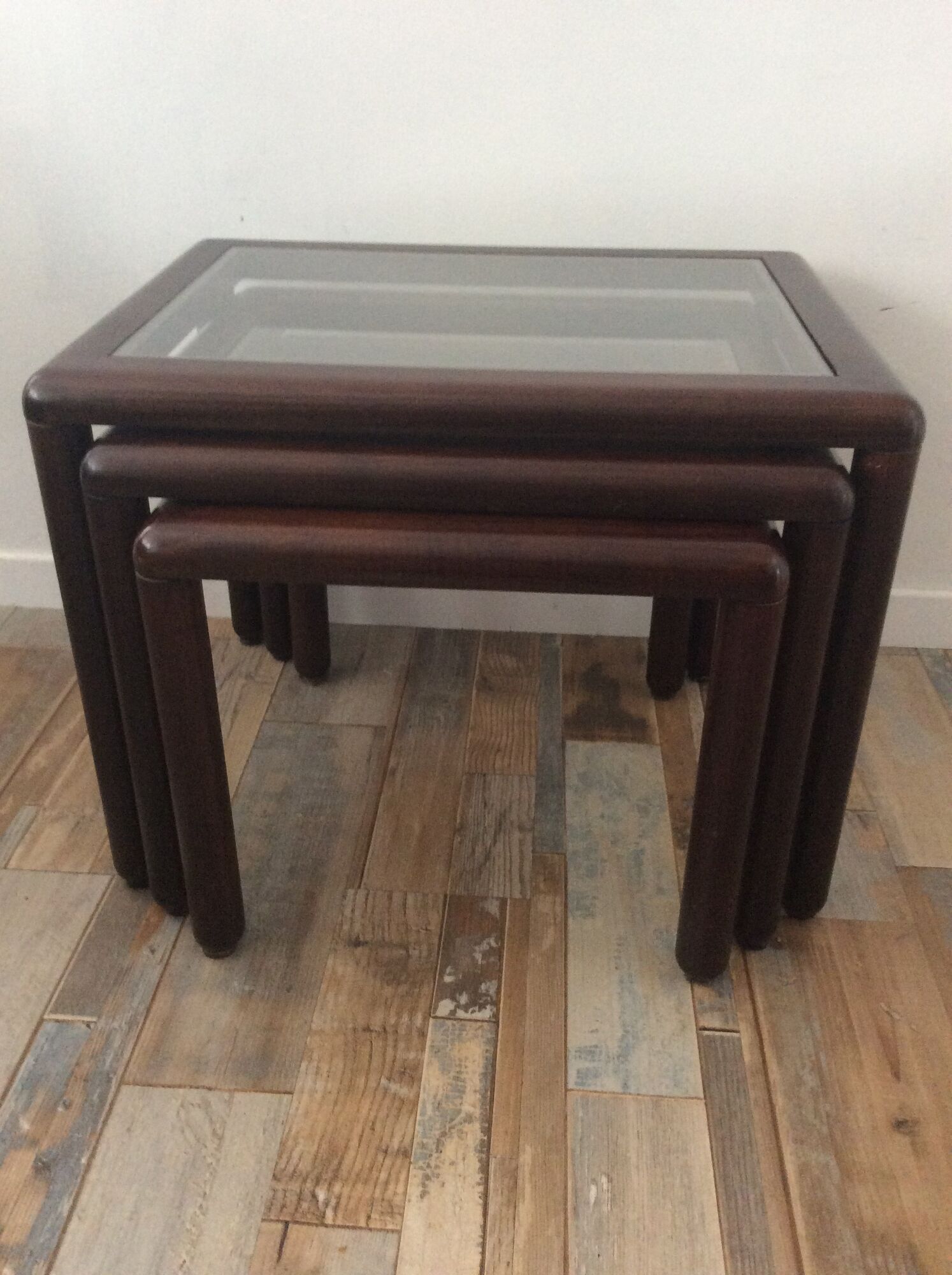 Series of 3 wooden and glass tables from the 70s