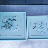 Two vintage paintings made with feathers, hummingbird motif