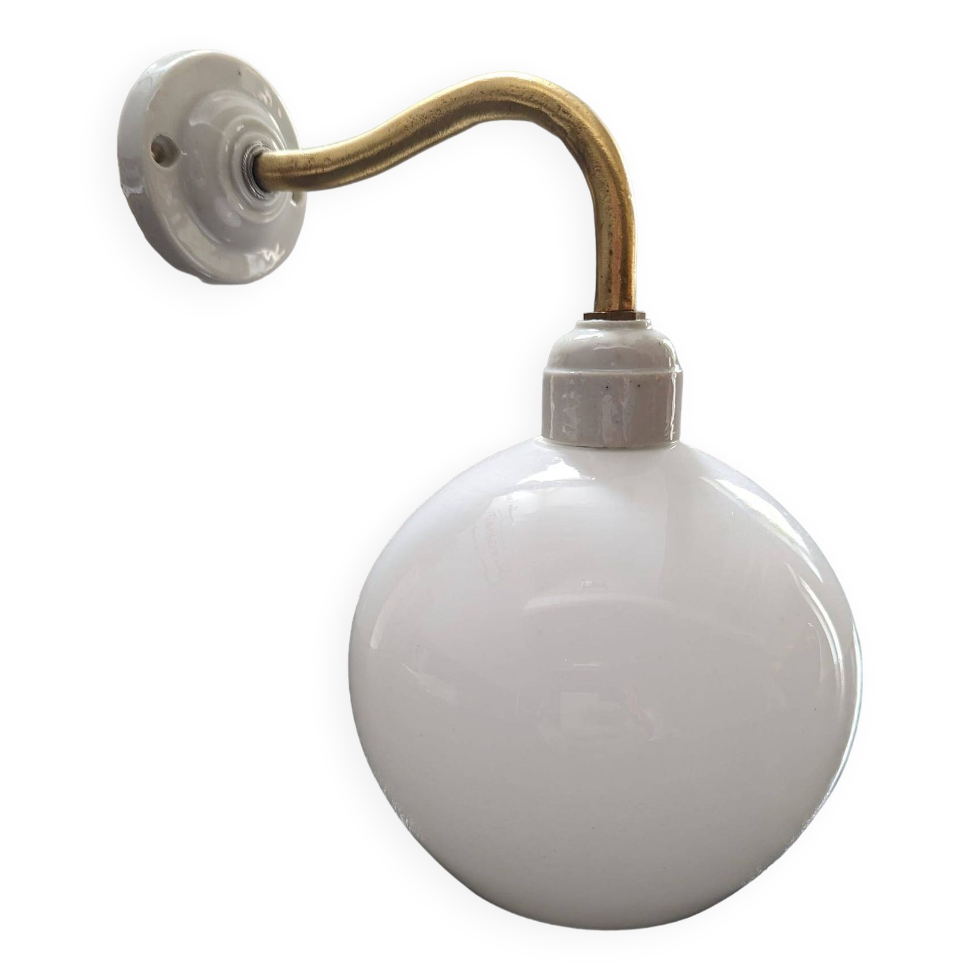 Old opaline brass globe wall light & art deco porcelain base 1930 Ø 13 cm