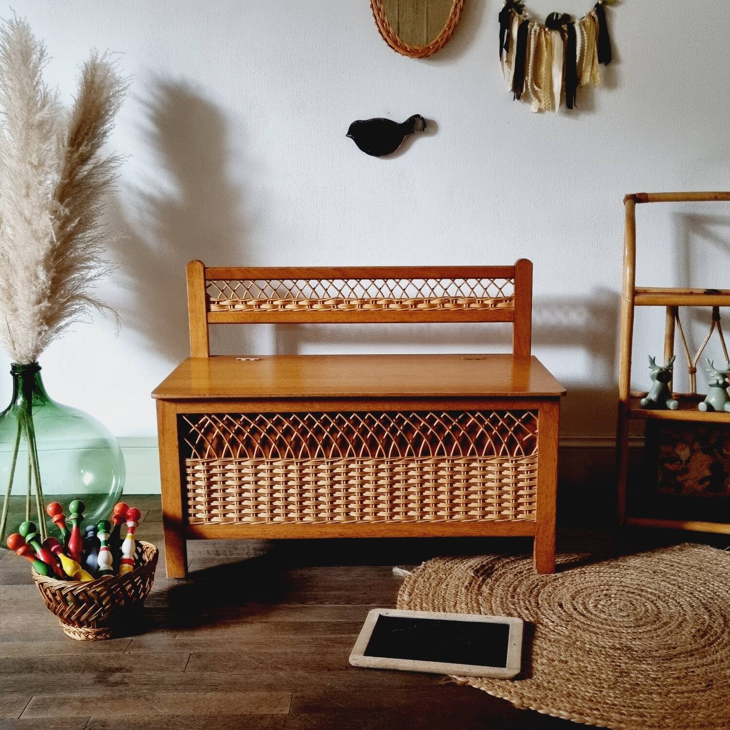 Oak and rattan chest bench 1960