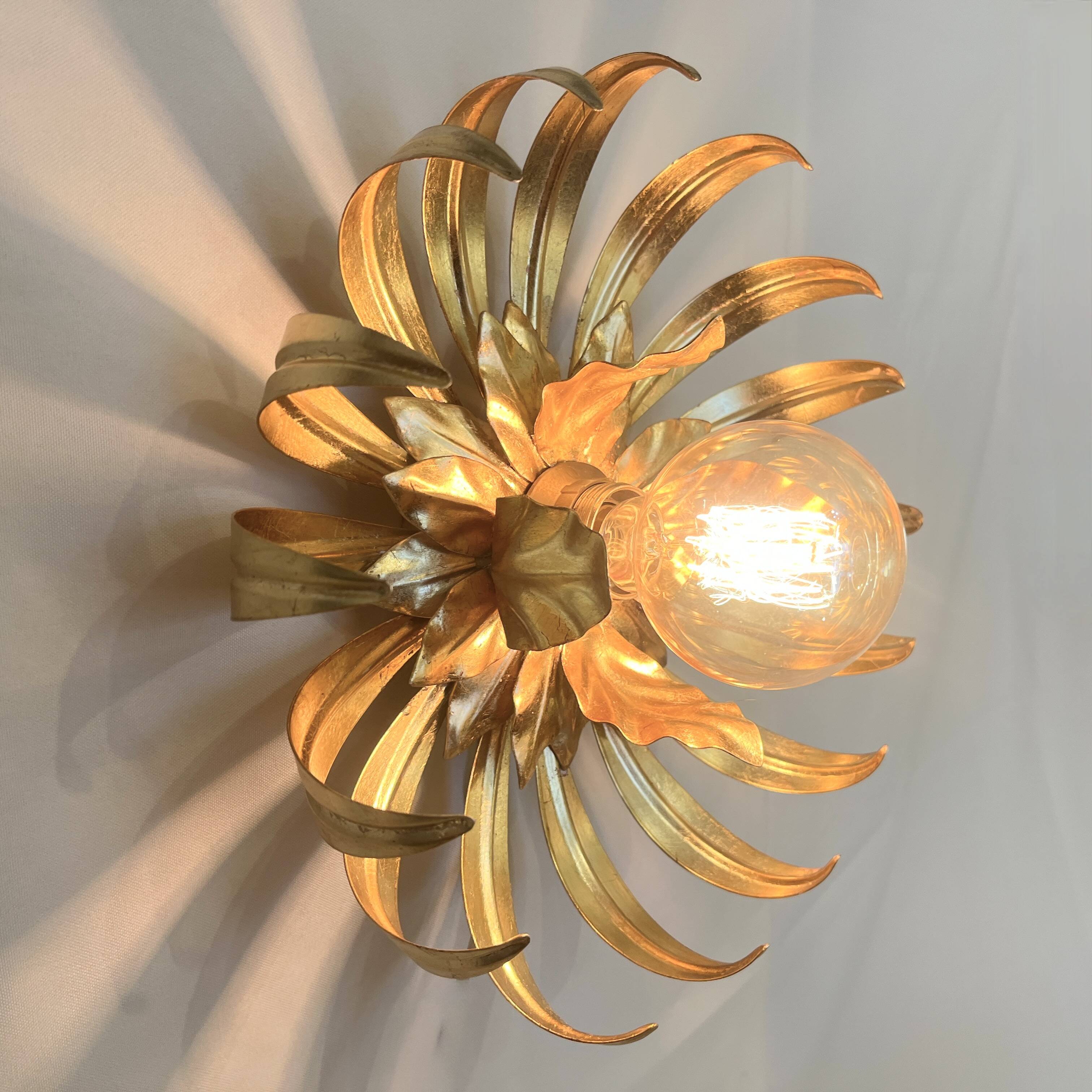 Vintage gold leaf metal wall light flower applique