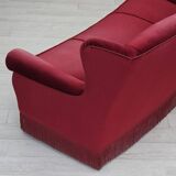 1960s, Danish 3-seater curved sofa, red furniture velour