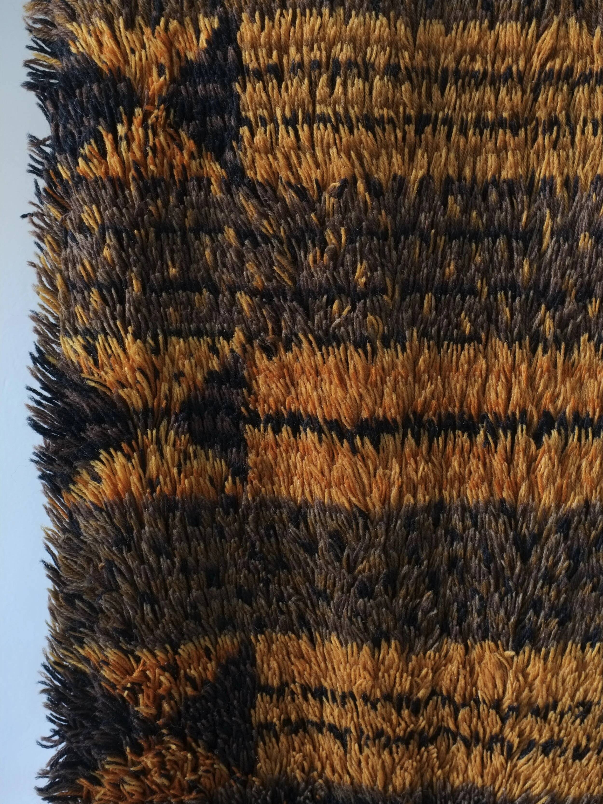 Large Scandinavian brown wool rya rug | Sweden | 1960s