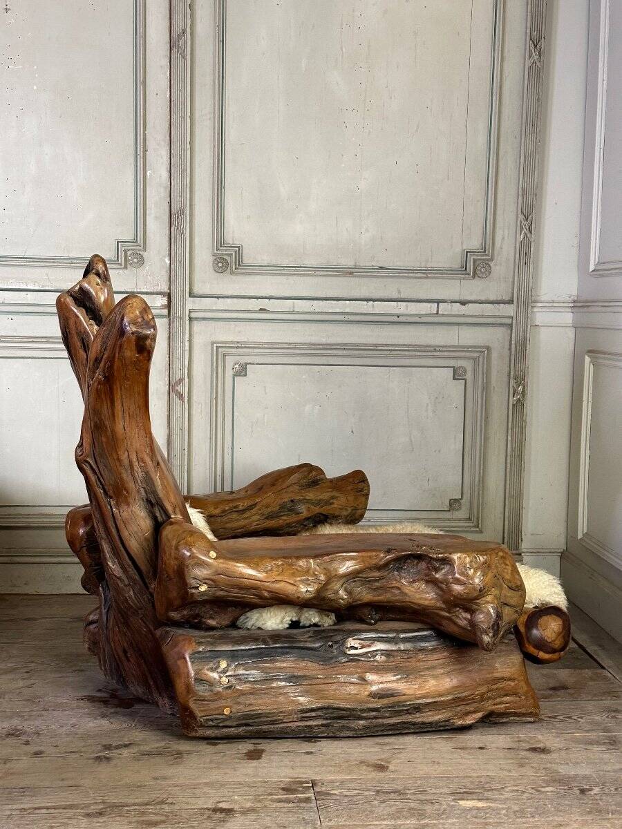 Pair of armchairs and a footstool made of root wood, circa 1970