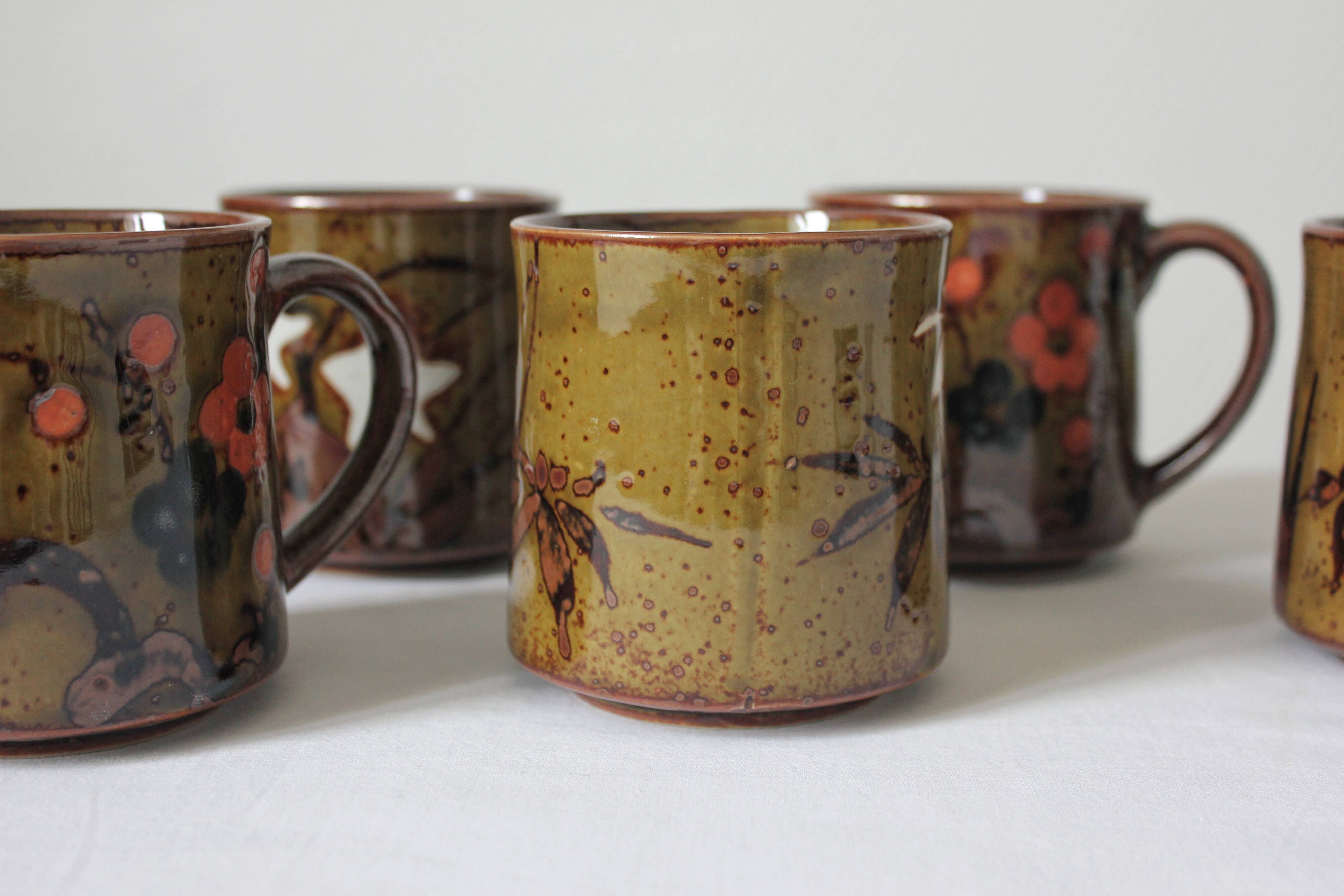 6 mugs en grès flambé vintage années 70