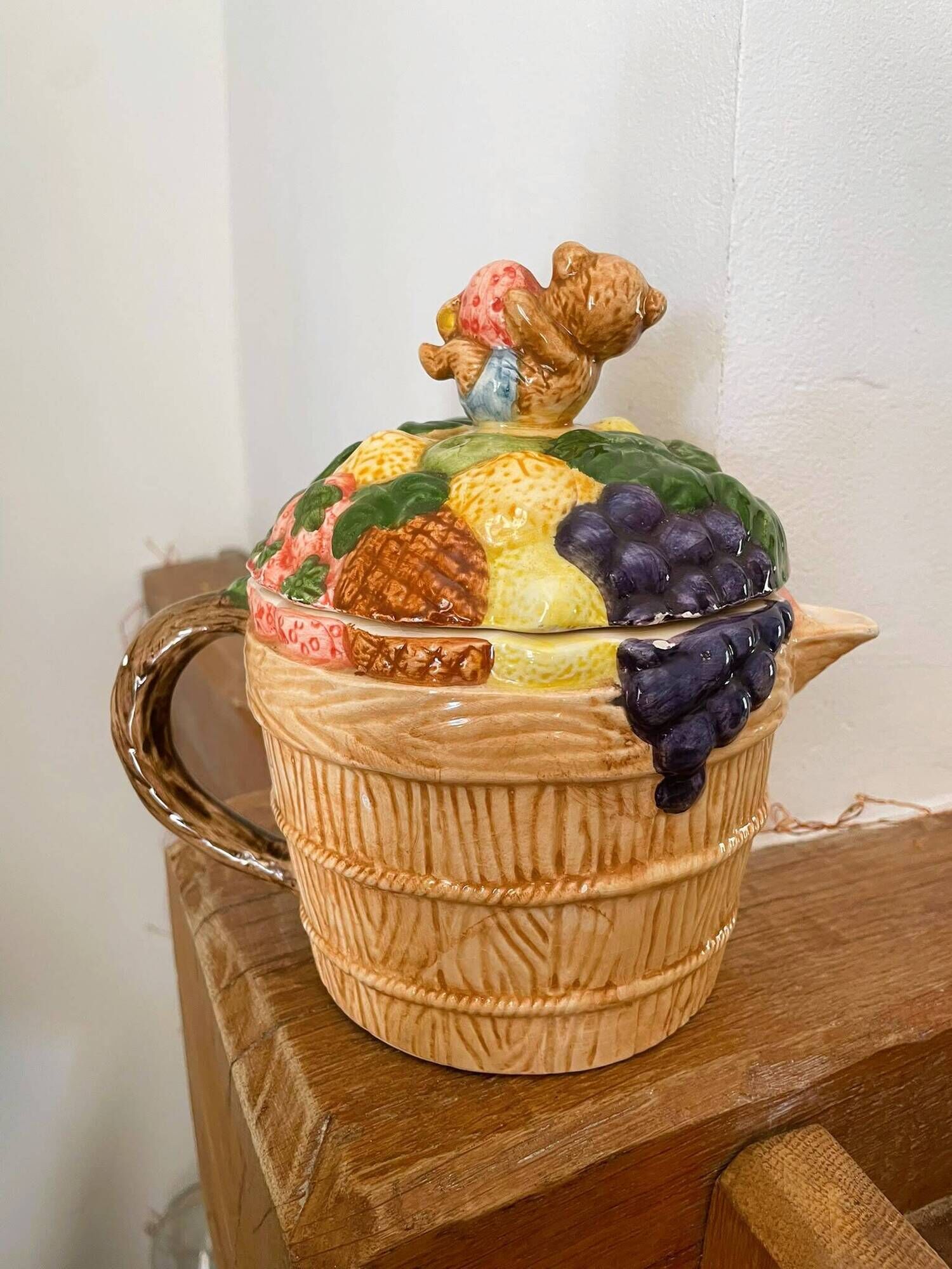Vintage fruit and bear barbotine teapot