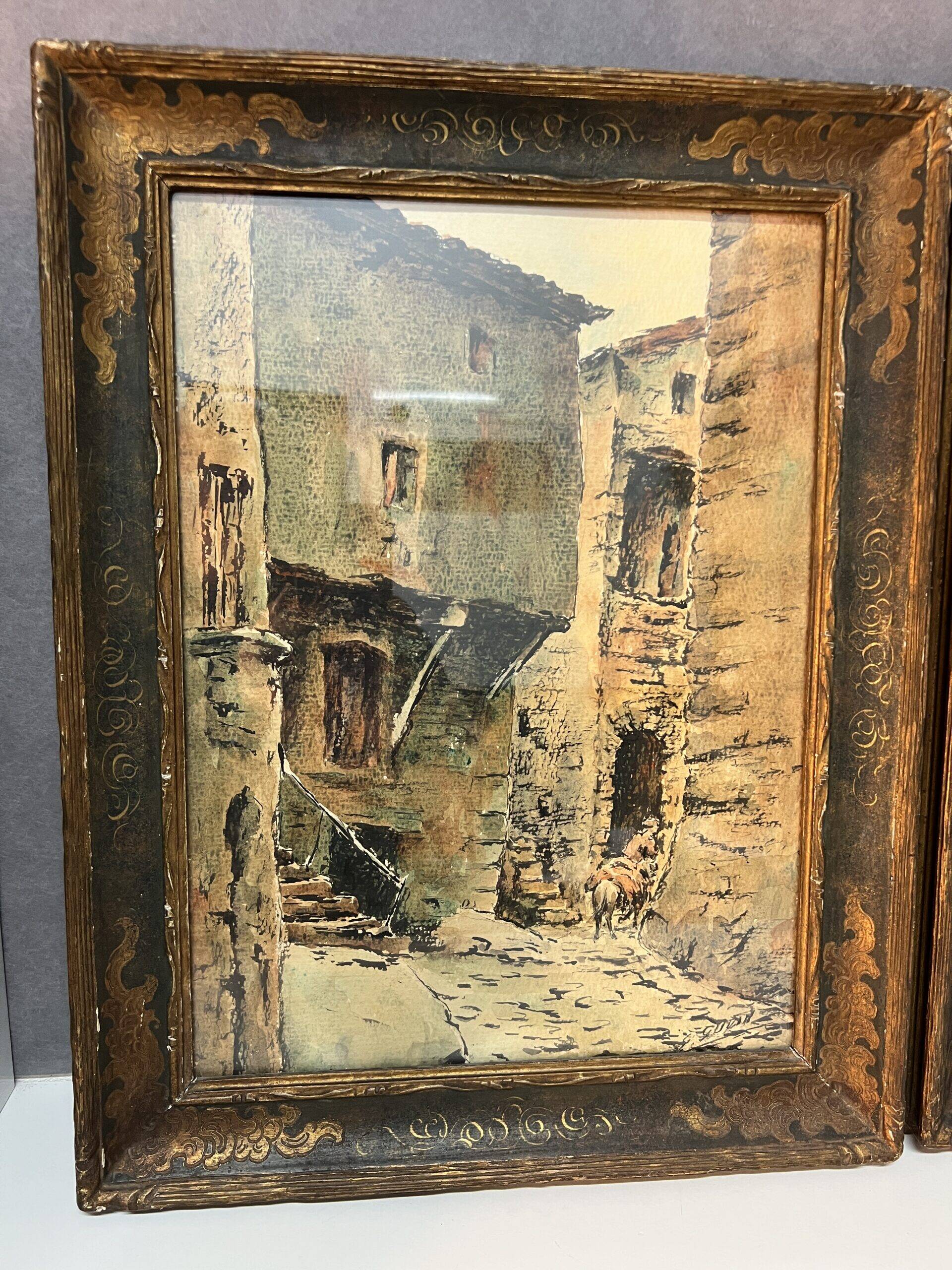 Watercolor by Emile Gudin (1874-1957), rue de Riez, southern town