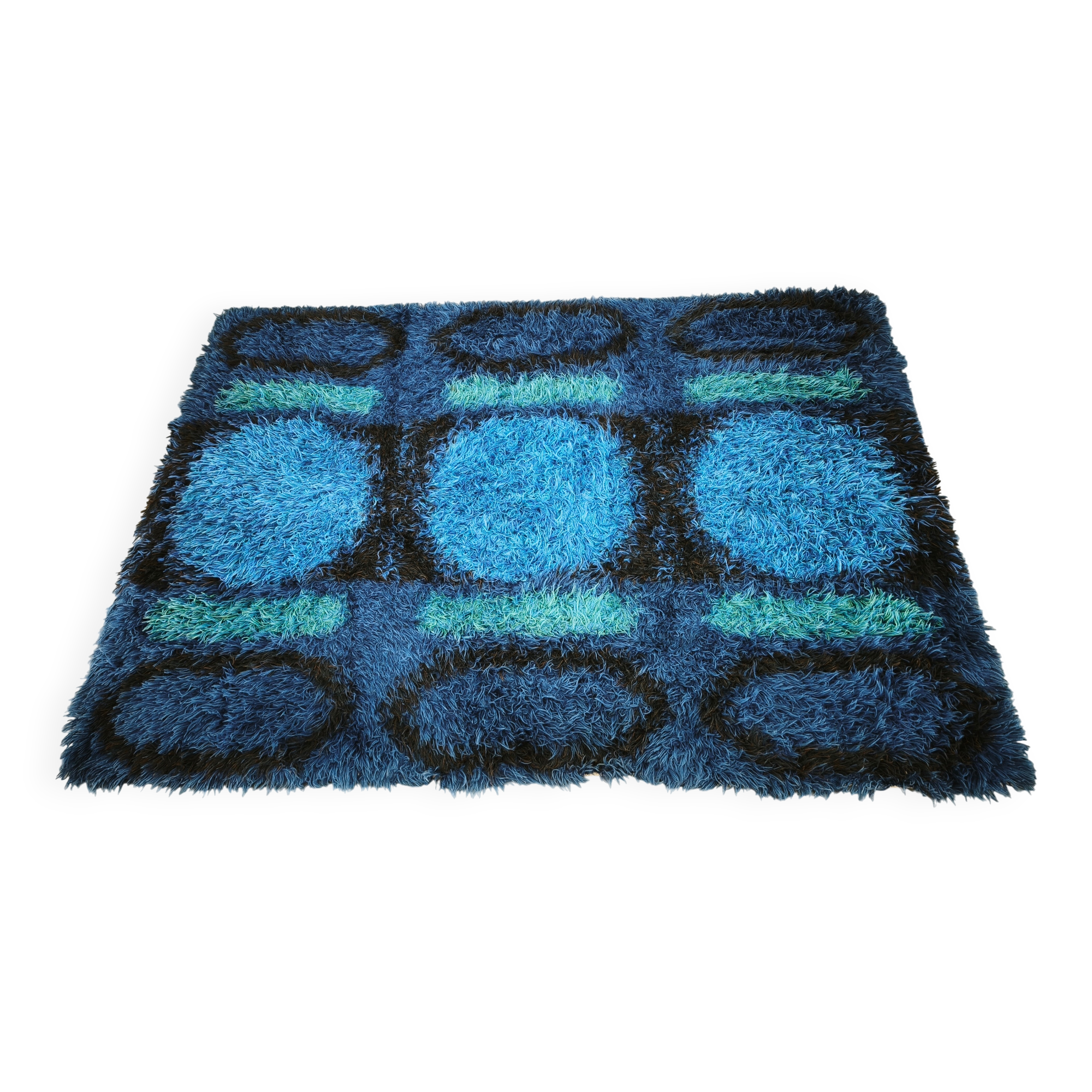 Large Danish Abstract Blue Wool Rya Rug in Ege Style