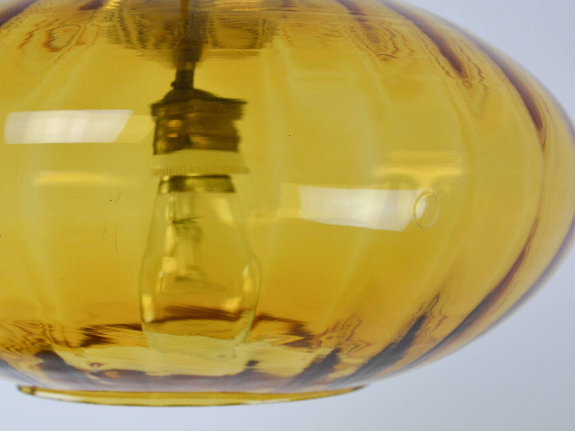 Mid-Century Brass and Amber Glass Pendant Lamp