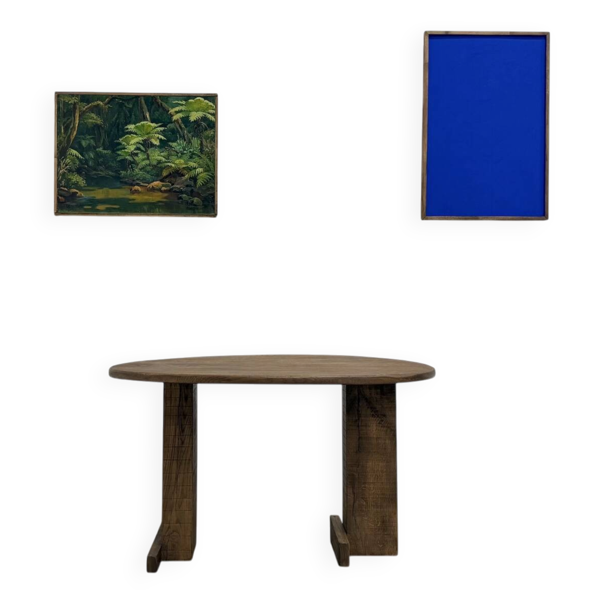 Oval table with T-shaped legs, solid oak, student woodworking project.