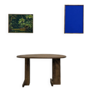 Oval table with T-shaped legs, solid oak, student woodworking project.