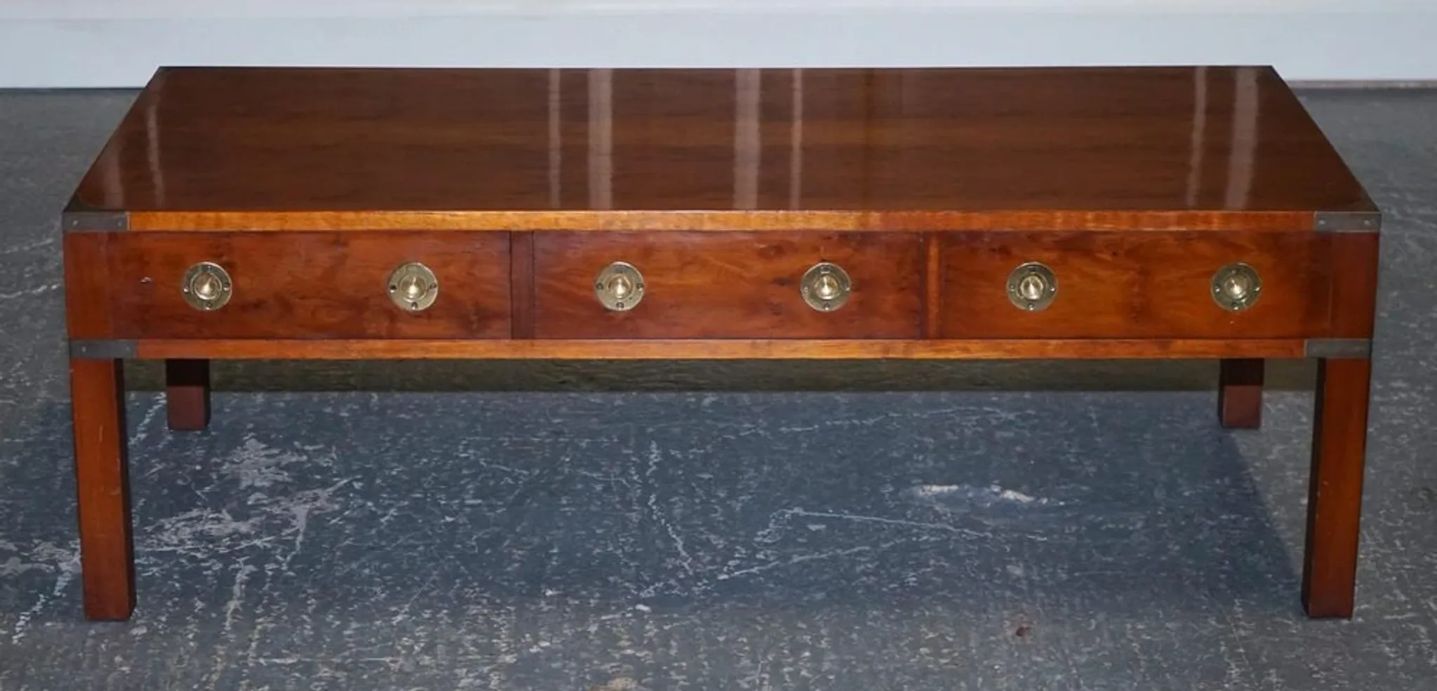 Coffee Table with 3 Drawers Military Campaign in Yew Wood, Elm and Brass, 1950s